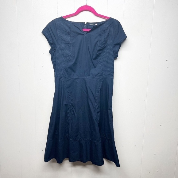 Women's Navy Blue Short Sleeve Midi Dress Size Large Side Pockets 100% Cotton - Picture 1 of 12